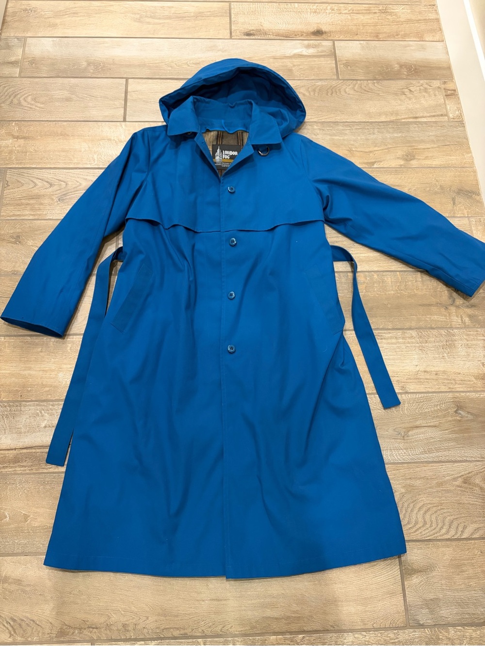 Vintage London Fog Blue Hooded Raincoat Belted 8P women’s